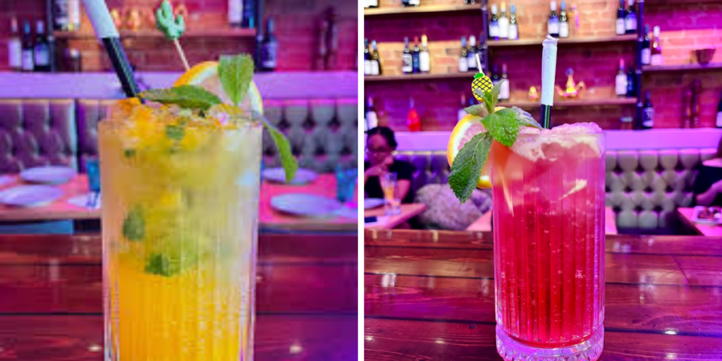 Two different drinks on a bar counter: a classic cocktail and the modern Bollywood Gimlet.