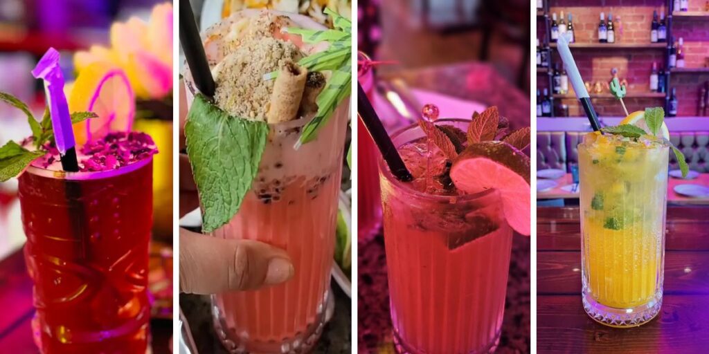 A collage of four diverse drinks, showcasing traditional Indian beverages and modern cocktails for a wedding celebration.