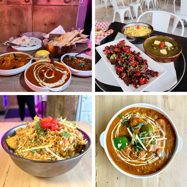  A collage of four diverse Indian dishes showcasing the rich flavors and variety of our Gerrard Street menu.