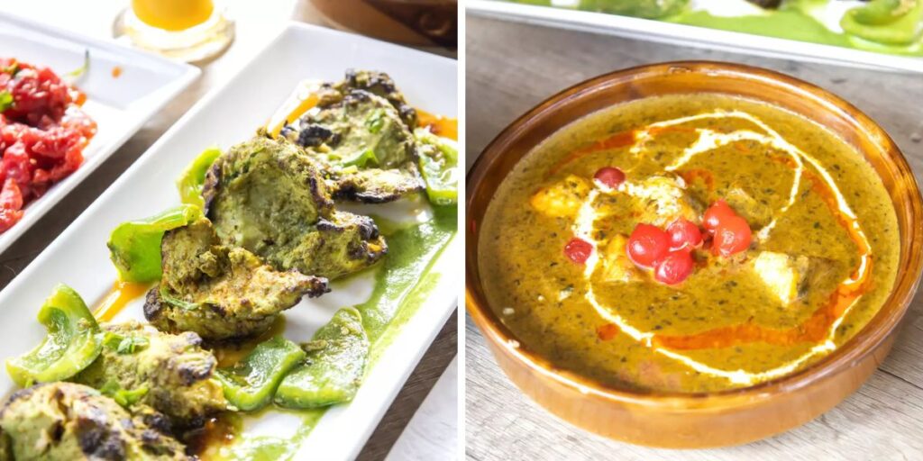 A colorful spread of chicken, vegetables, and rice dishes, showcasing a balanced menu for diverse dietary preferences at an Indian wedding.