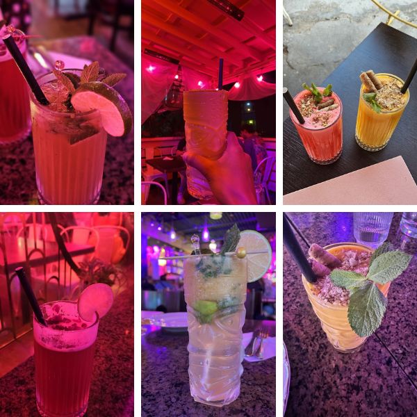 A vibrant collage of various drinks at a bar, showcasing cocktails, wines, and traditional Indian beverages.